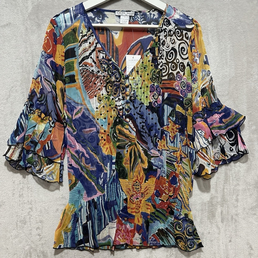 Alberto Makali Women's M Purple Floral Abstract Print Blouse Ruffled Sleeves NWT